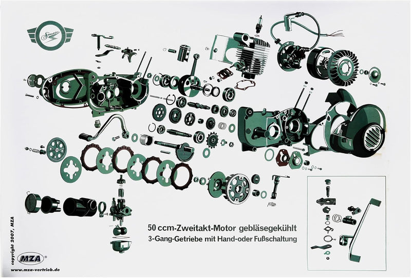 MZA Explosionsdarstellung Farbposter Simson Schwalbe KR51/1, Star SR4-2, 50ccm Zweitakt-Motor, 3 Gan