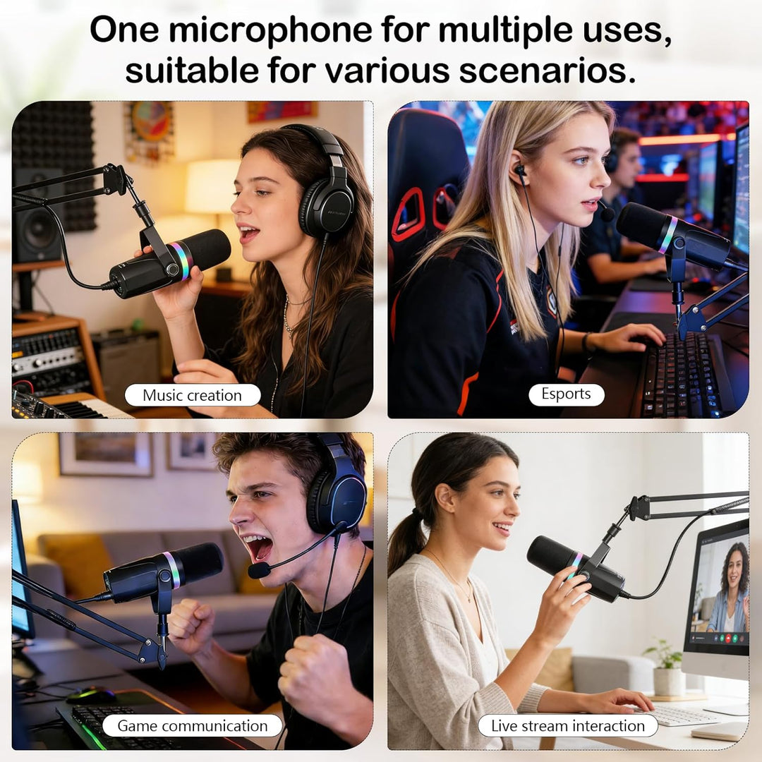 Dual-Interface Mikrofon, mit RGB-Atmungslicht und Echtzeit-Monitoring, 192 kHz/24 Bit, XLR/USB Dynam