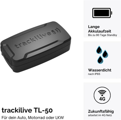 trackilive TL-50 4G GPS Tracker - Bis zu 90 Tage Standby - Peilsender für Auto und Wertgegenstände -