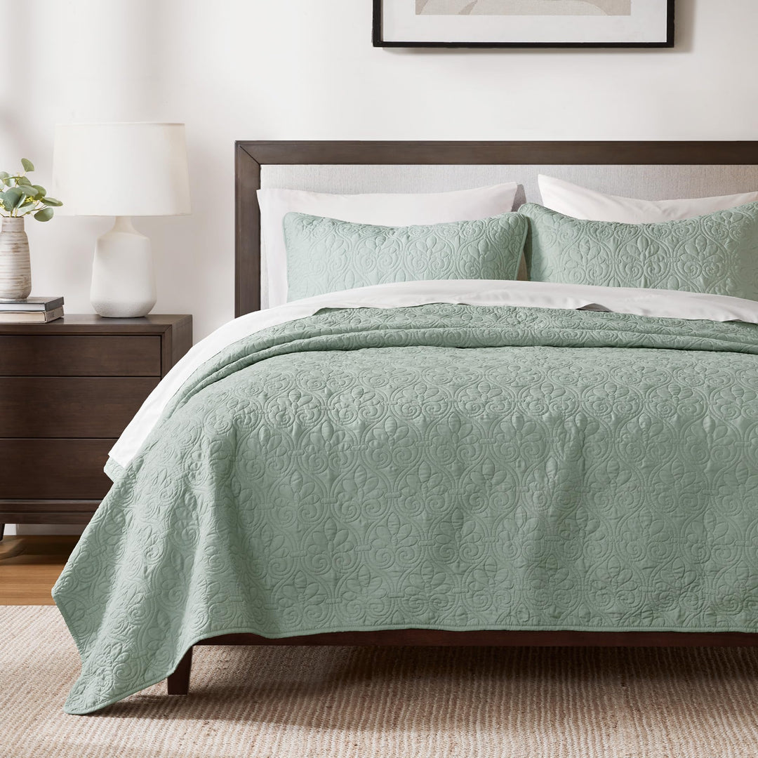 Madison Park Quebec Quilt Set-Luxurious Damask Stitching Design Leichte Tagesdecke mit Baumwollfüllu