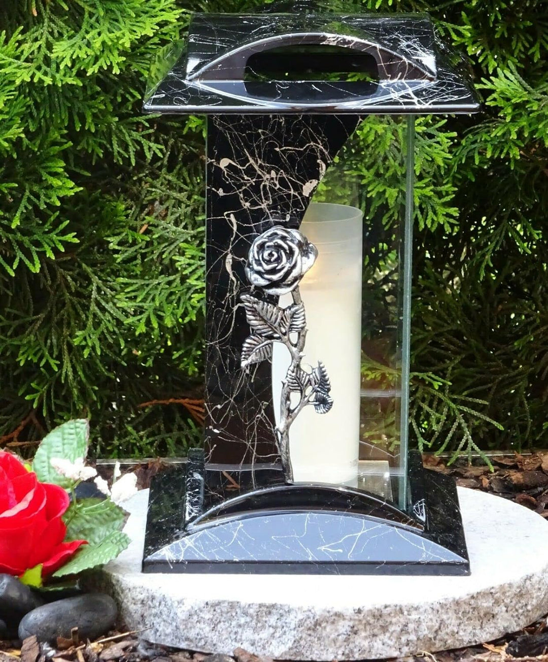 Grablampe Grablaterne Rose Silber 28,0cm incl. Grabkerze Grabschmuck Grablicht Grableuchte Lampe Lat