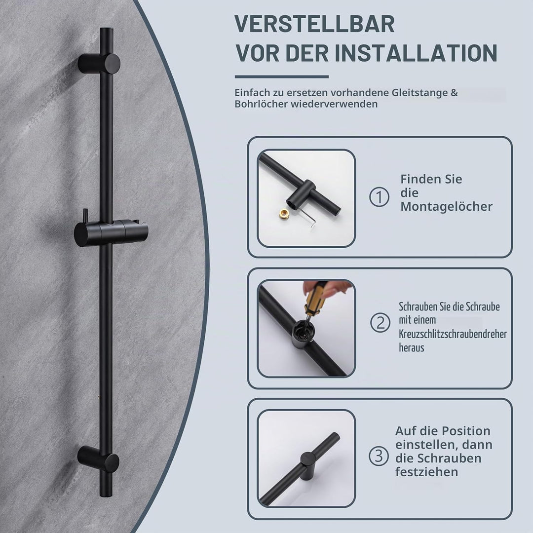 DETBOM Duschstange Schwarz 90cm, Edelstahl Brausestange mit Duschkopfhalterung 360°Drehbar,Duschstan