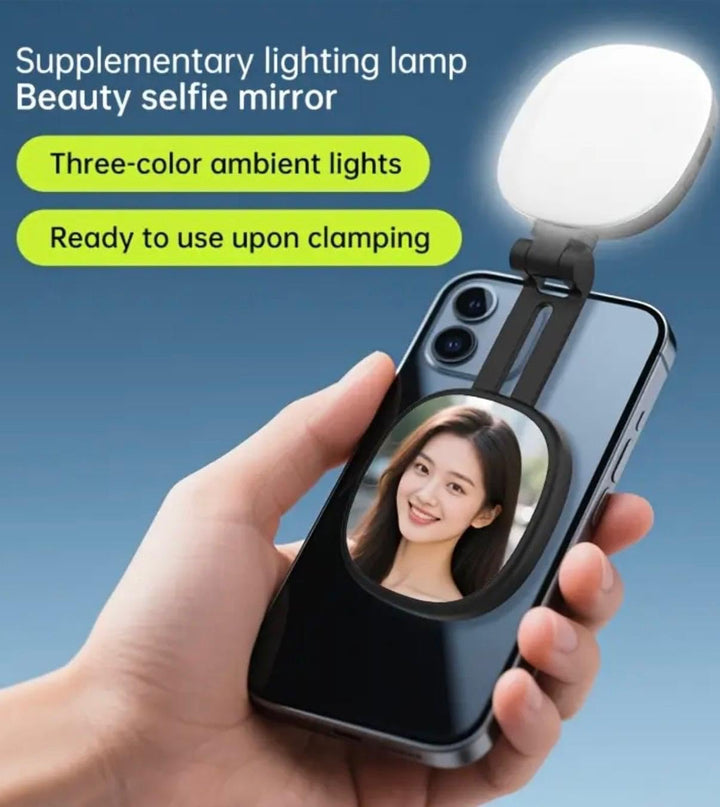 Magnetisches Selfie-Licht mit Spiegel für Smartphone, Multifunktional mit 360° Rotation, 270° Neigun