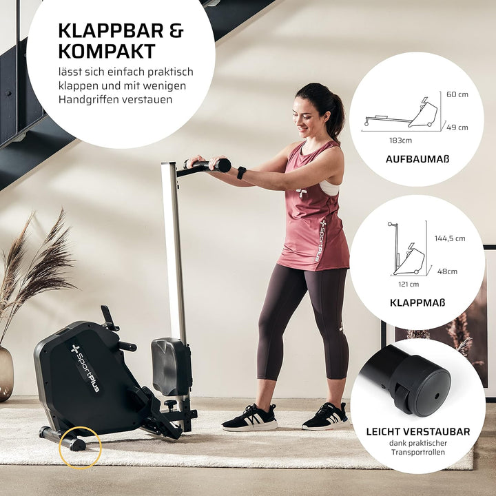SportPlus| 2022 Modell | Rudergerät für zuhause mit Handyhalterung, klappbar & mit Transportrollen,