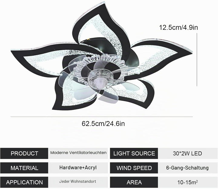 Oninio Deckenventilator mit Licht und Fernbedienung 62,5cm Modern Blumen-Design Deckenleuchte Leiser