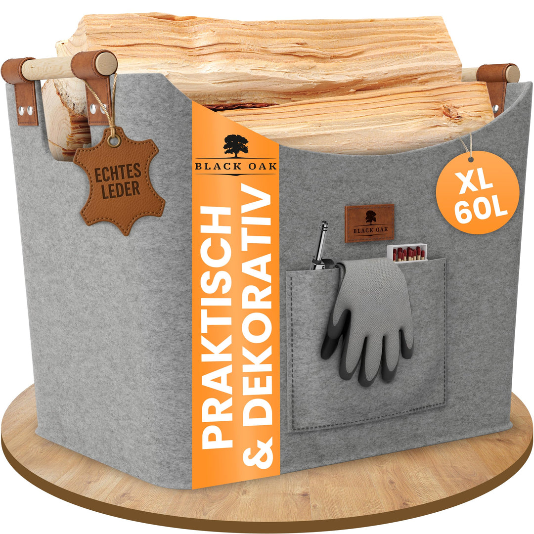 BLACK OAK Montana XL 60L Filzkorb &amp; Holzkorb für Kaminholz - Leder Applikation + rutschfeste Griffe