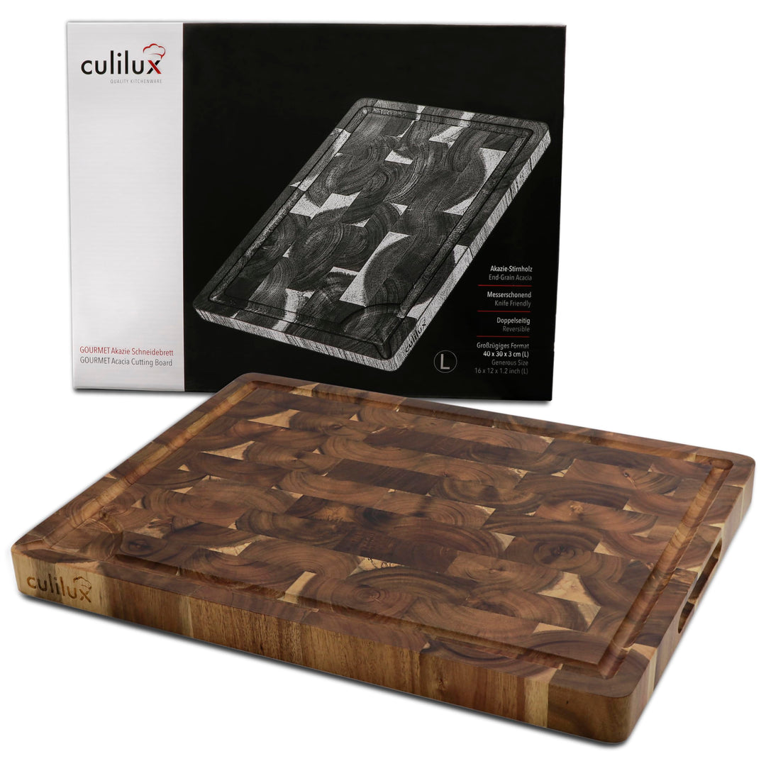 CULILUX® Gourmet Schneidebrett L Stirnholz Akazie 2-seitig 40 x 30 x 3 cm mit Saftrille antiseptisch