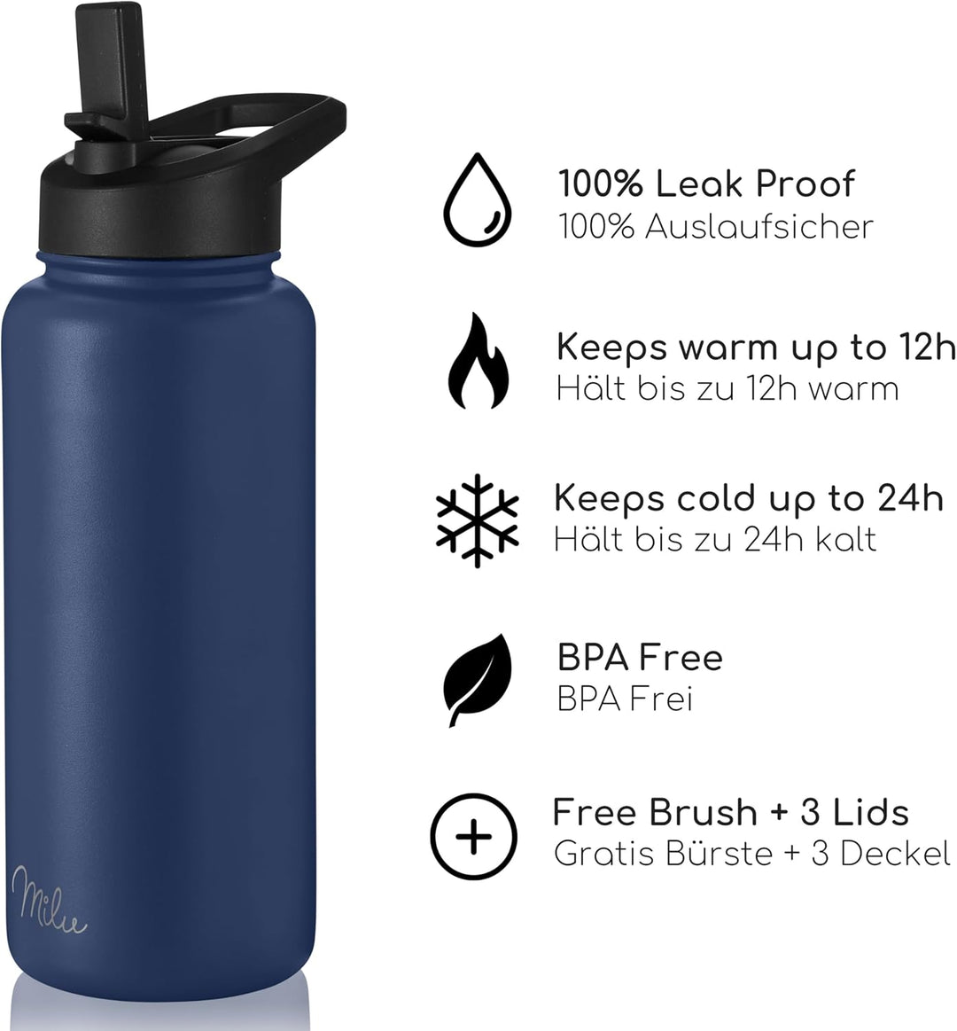 Milu Edelstahl Trinkflasche 500ml 750ml 1000ml (+3 Deckel) - Thermosflasche mit Strohhalm, Isolierte