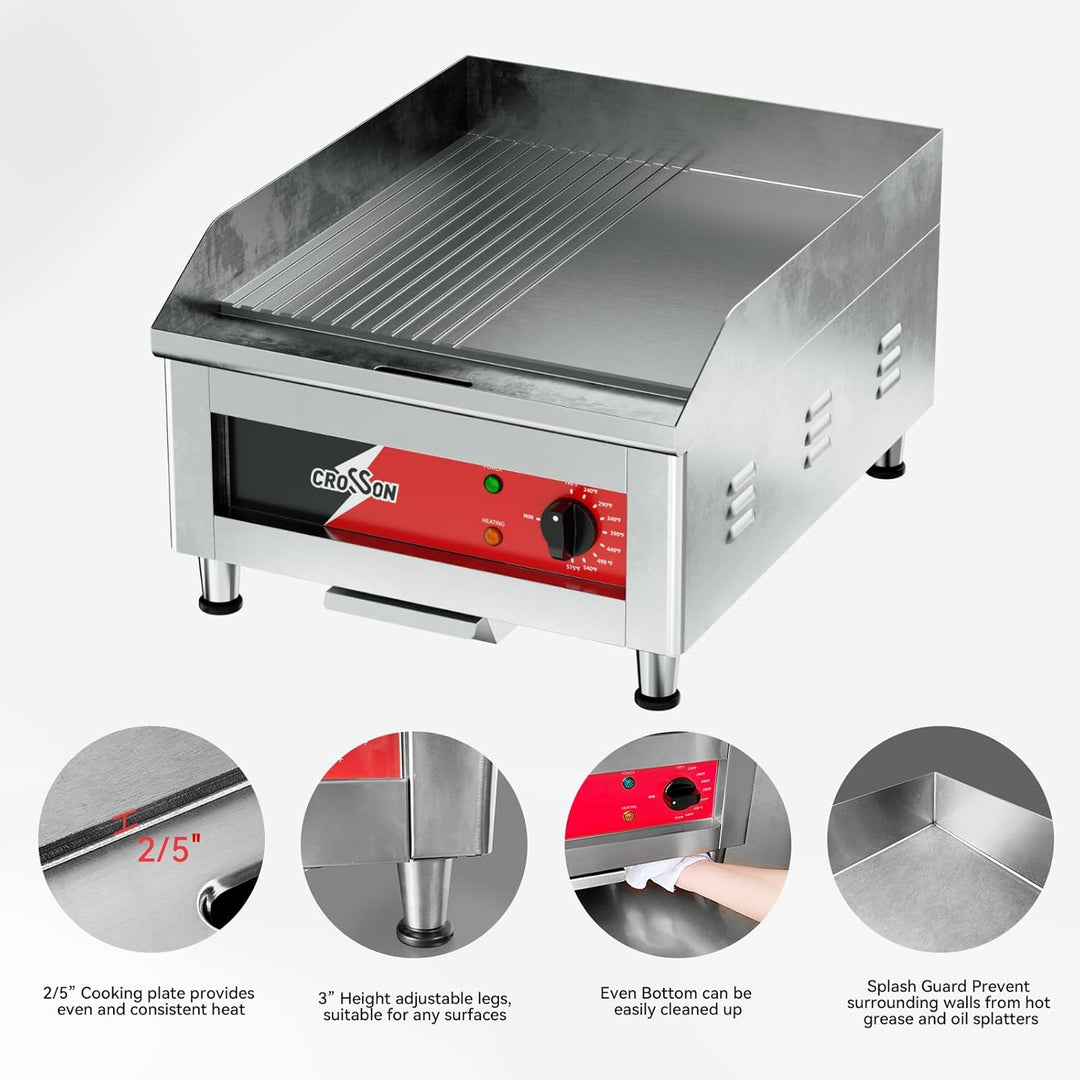 CROSSON Profi Gastro Grillplatte Elektrisch mit halb glatter und halb gerillter Grillfläche (40 x 40