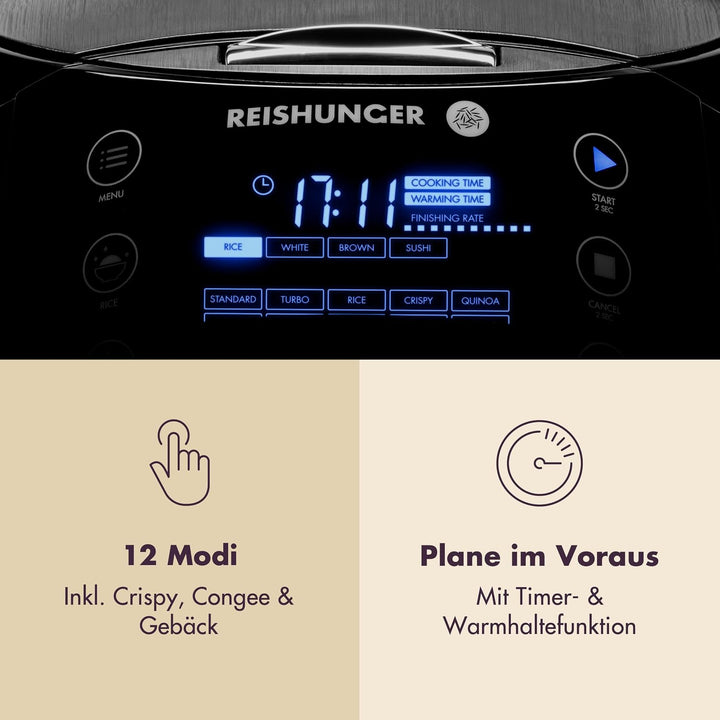Reishunger Digitaler Reiskocher & Dampfgarer Grau + Gratis Kochbuch – Warmhaltefunktion, Timer & Pre
