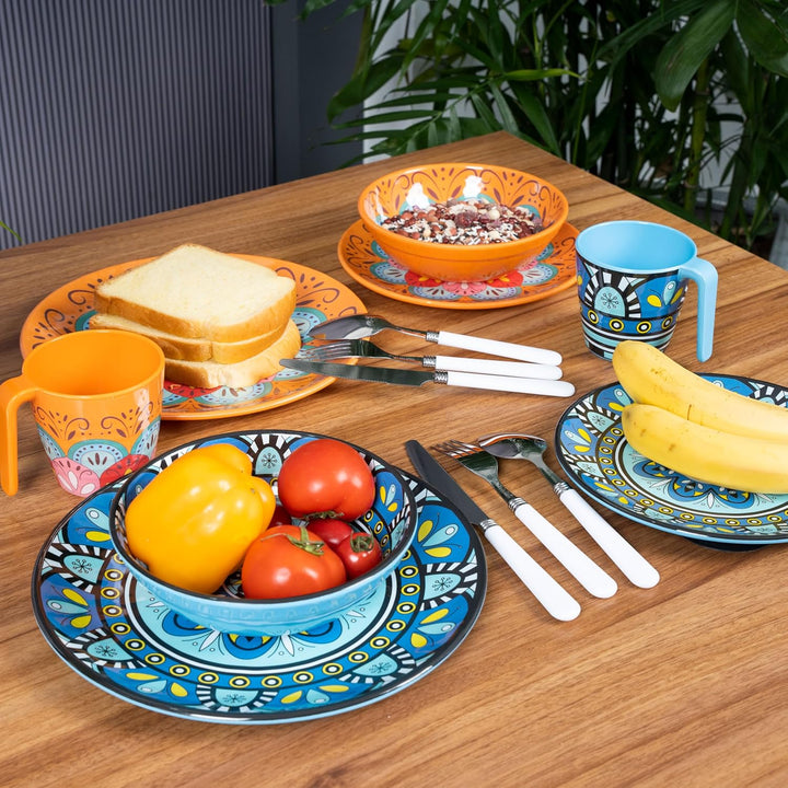 Melamin Geschirr Set Toskana Pastel für 4 Personen - Orange-Blau - Mandala-Optik Spülmaschinengeeign