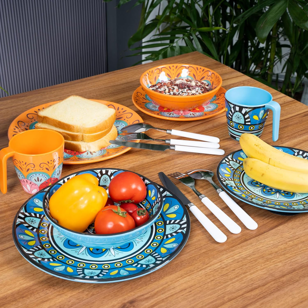 Melamin Geschirr Set Toskana Pastel 4 Personen 16 Teile Camping Picknick 16 Teile - Tassen, 16 Teile