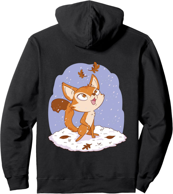 Kleiner Fuchs spielt mit Laub bei Schnee im Winter Fuchs Pullover Hoodie