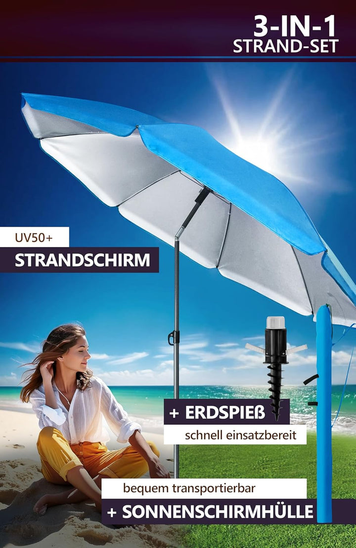 4smile Sunnyjoy Sonnenschirm Strand 3-IN-1 Set - Strandschirm windfest stabil, UPF 50+ Sonnenschirm