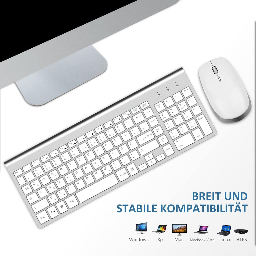 Tastatur Maus Set Kabellos - 2.4Ghz USB Funk Tastatur QWERTZ (Deutsch) Layout Ergonomisch Klein Maus