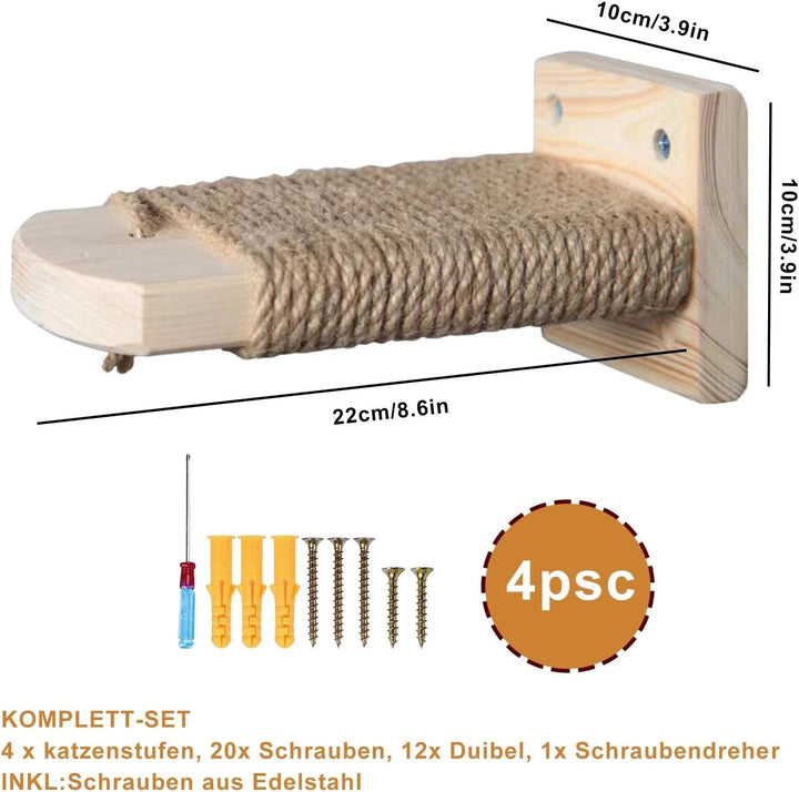 4pcs Katzentreppe Wand, Kletterwand Katzen aus Holz,Wandliege Kletterwand Katzen mit Juteseil zum Kr