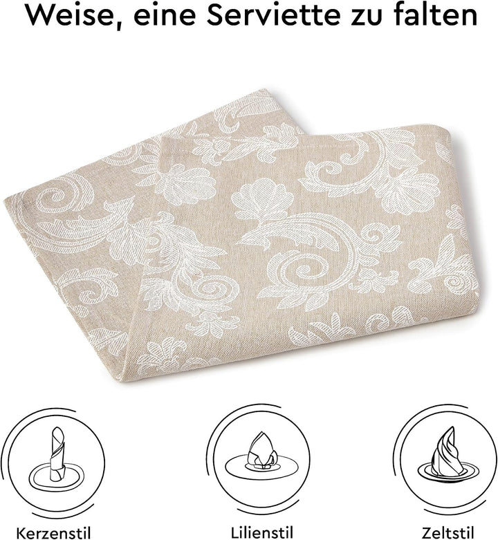 Encasa XO Esstisch Servietten Set von 12 I Grösse 45x45 cm I Blumen Beige Jacquard -Stil Druck Auf H