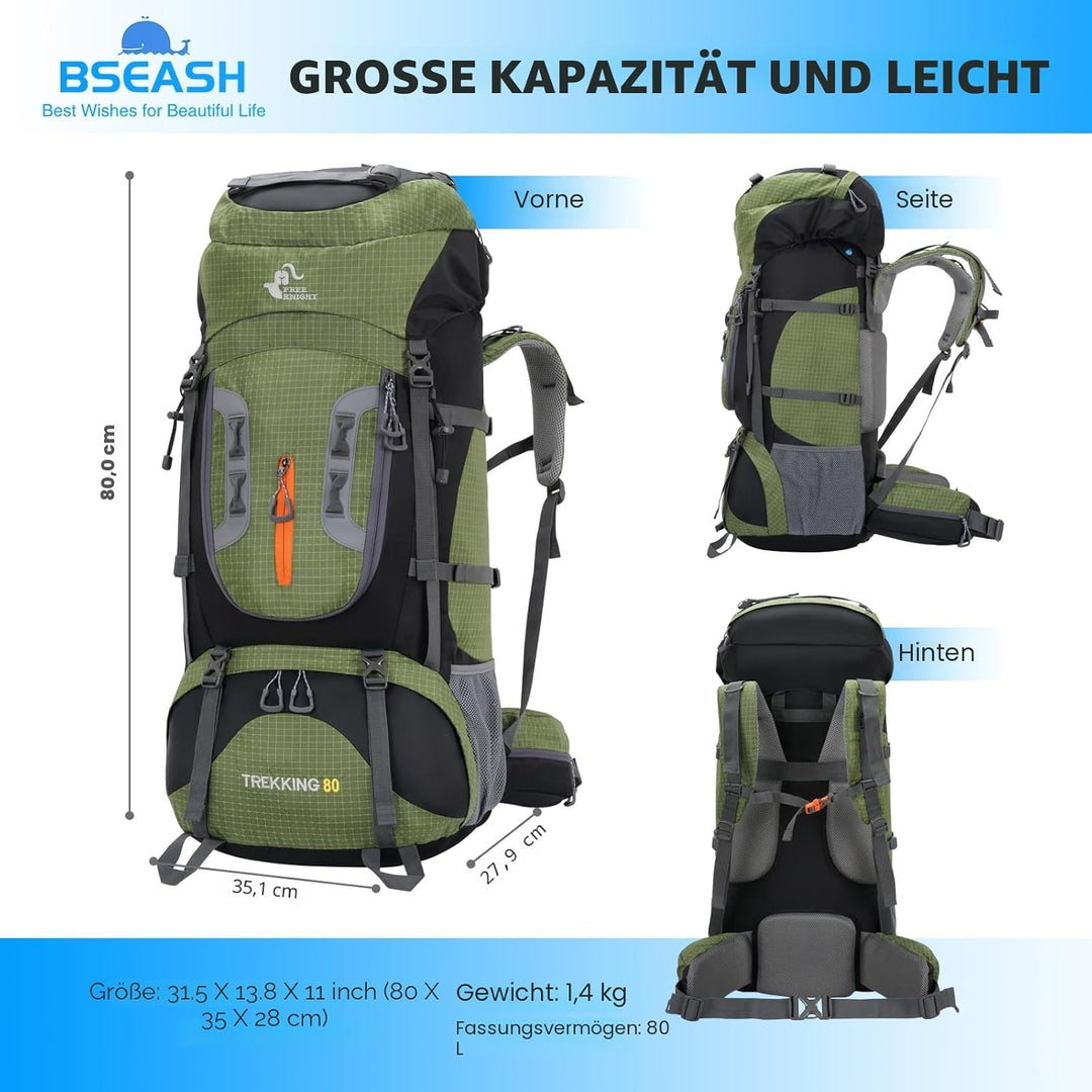 Bseash 80L Wasserdichter Wanderrucksack mit Regenschutz, leichter Outdoor-Sport, Reisen, Tagesrucksa