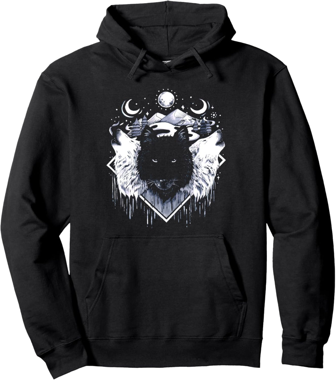 Wolf Rudel bei Mondschein Mondphasen Sterne Bäume Natur Pullover Hoodie