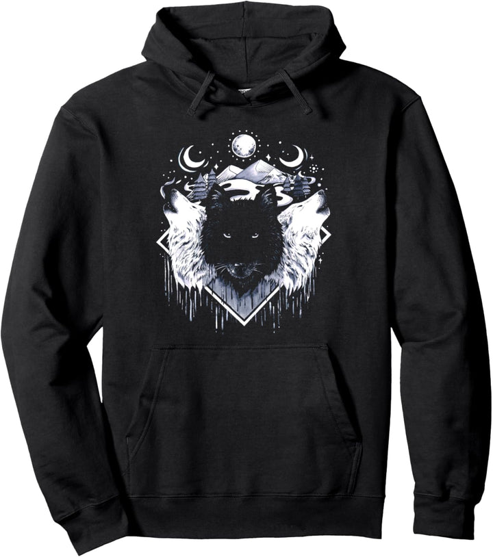 Wolf Rudel bei Mondschein Mondphasen Sterne Bäume Natur Pullover Hoodie