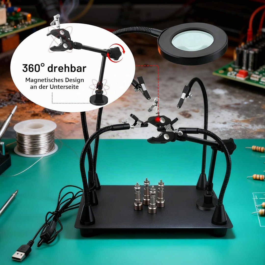 Dritte Hand Löten, Entlötstation Magnetische Löthilfe Helfende Hand mit 4 Flexible Armen 6X Lupe Lic