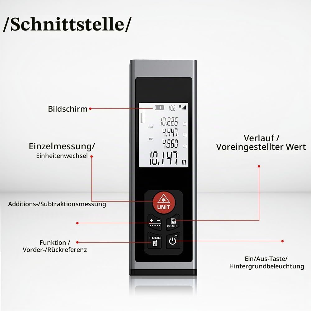 Entfernungsmesser 40M REVASRI, Laser Entfernungsmesser mit M/In/F elektronische Wasserwaage LCD-Hint