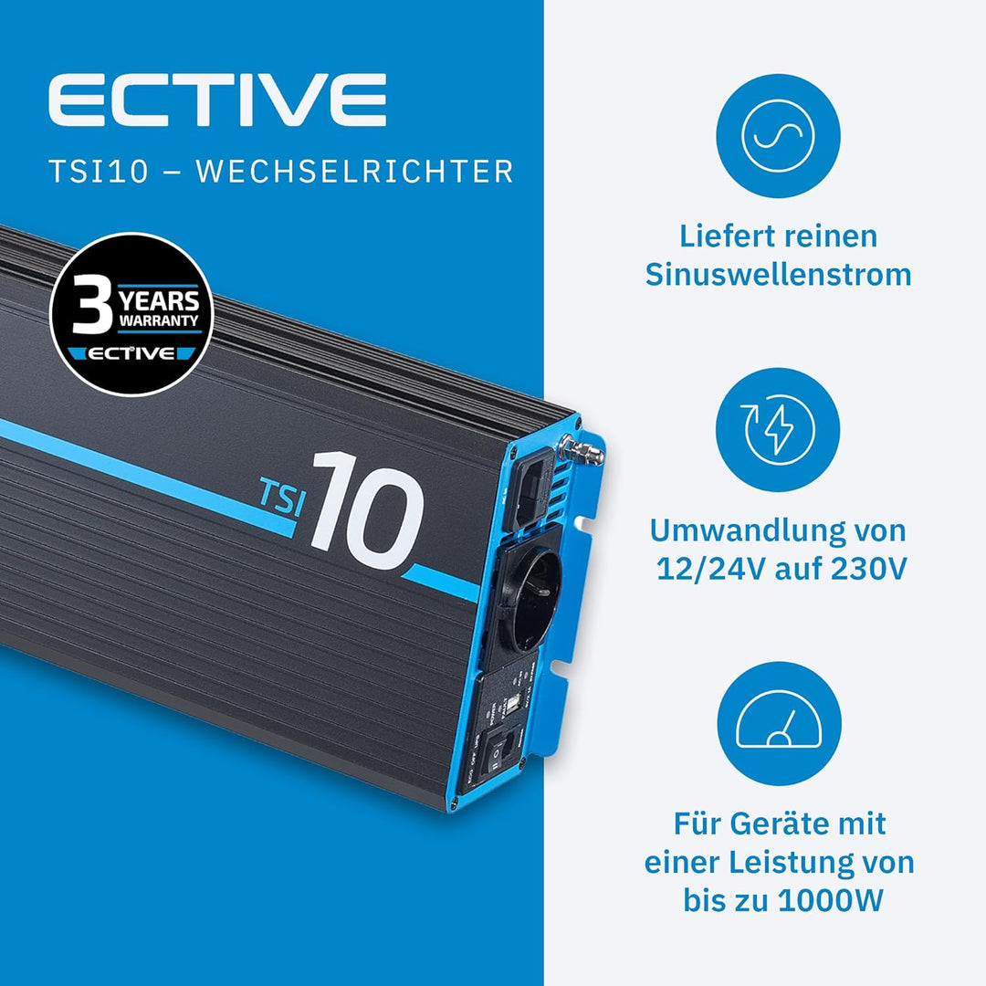 ECTIVE Reiner Sinsus Wechselrichter TSI 10-1000W, USB, 12V auf 230V, Überlastschutz, Überhitzungssch