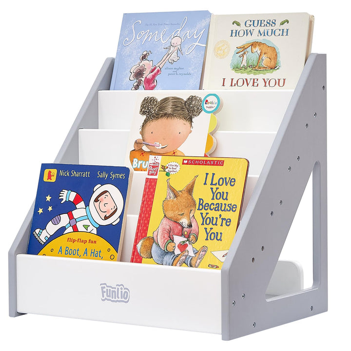 FUNLIO Montessori Bücherregal für Kleinkinder 1-5 Jahre, frontales Kinderbuchregal mit Griff und Kip