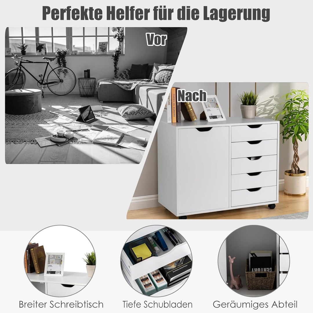 GOPLUS Rollcontainer mit Schubladen, mobiler Aktenschrank mit Schrank, Büroschrank mit 5 Rollen, für