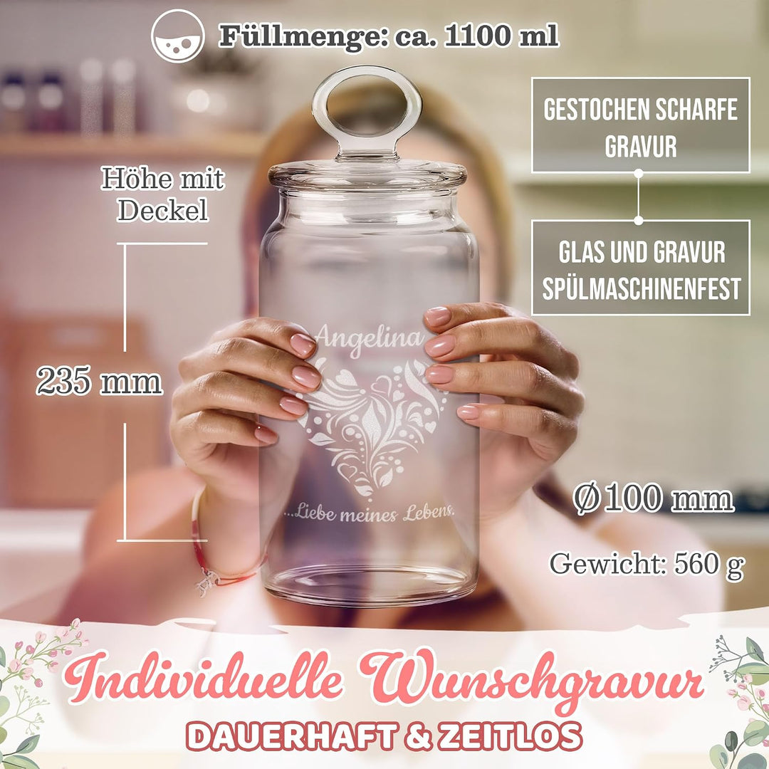 Print Royal PR Personalisierte Keksdose aus Glas mit Gravur - 1100 ml - Liebe meines Lebens mit Name
