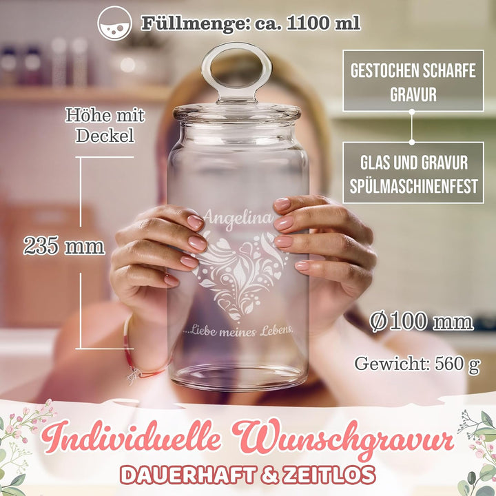 Print Royal PR Personalisierte Keksdose aus Glas mit Gravur - 1100 ml - Liebe meines Lebens mit Name