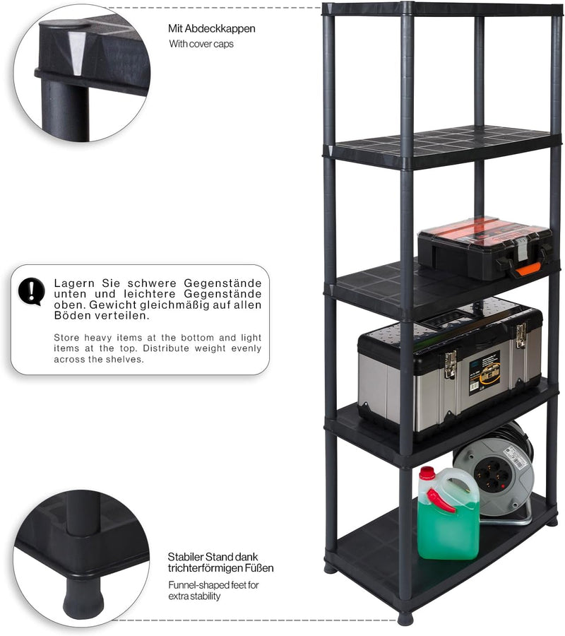 2 Stück Kunststoff Steckregale mit 5 soliden Böden, belastbar mit bis zu 30 kg/Boden. Masse BxTxH in