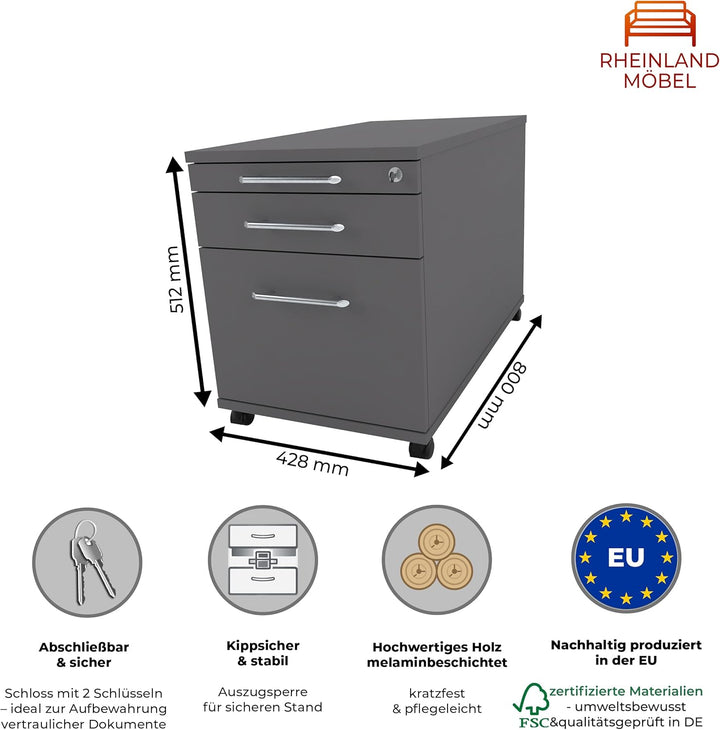 Rollcontainer CADI 43×80×51 cm – abschliessbarer Bürocontainer in Graphit mit Orga-, Universal- und