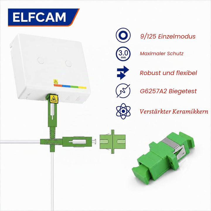Elfcam® - 15m Glasfaserkabel SC/APC auf SC/APC Simplex Singlemode, Lieferung mit LWL Adapter, LWL ka