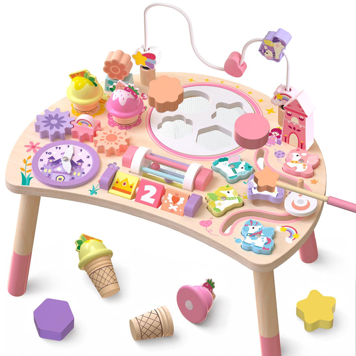 Holz-Aktivitätstisch für Kinder 1-3, Einhorn 10-in-1 Montessori Motorikbrett mit Motorikschleife For