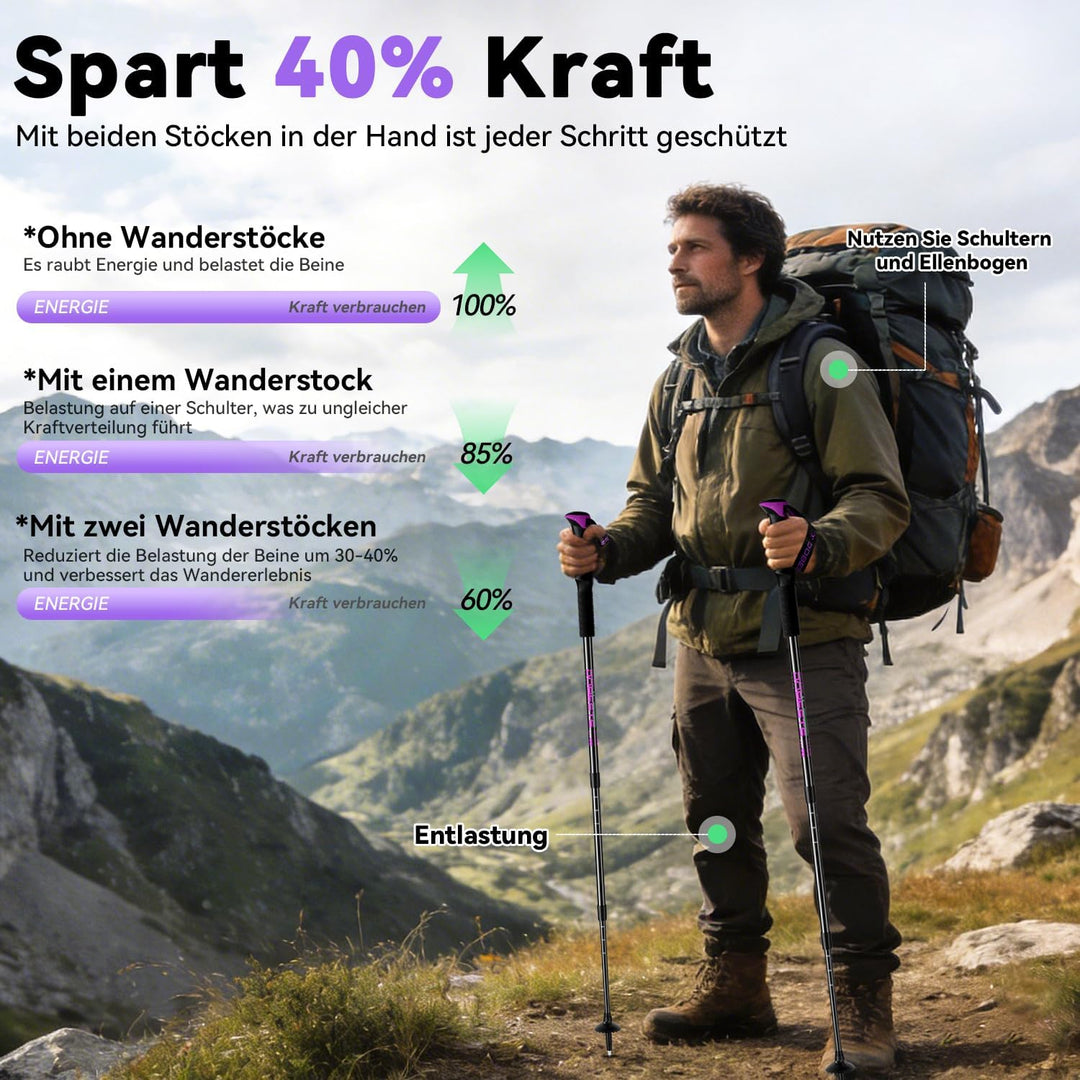 DOBESTS Teleskop-Wanderstöcke 2 Stück, Nordic-Walking-Stöcke 65-135 cm Violett, Violett