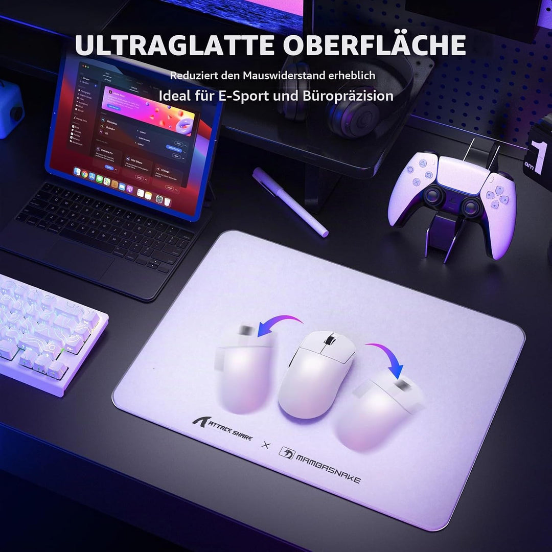 ATTACK SHARK CM05SE Verzerrtes Glas-Mauspad, 9H Härte Kratzfest, Nano-Ätzte Ultraglatte Oberfläche,