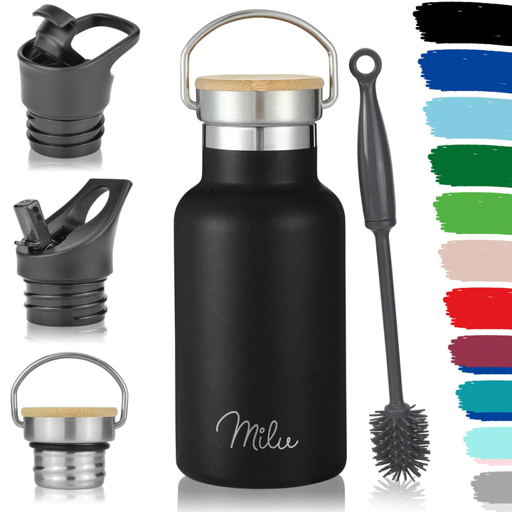 Milu Edelstahl Trinkflasche 350ml 500ml 750ml 1000ml (+3 Deckel) Thermosflasche mit Strohhalm Isolie