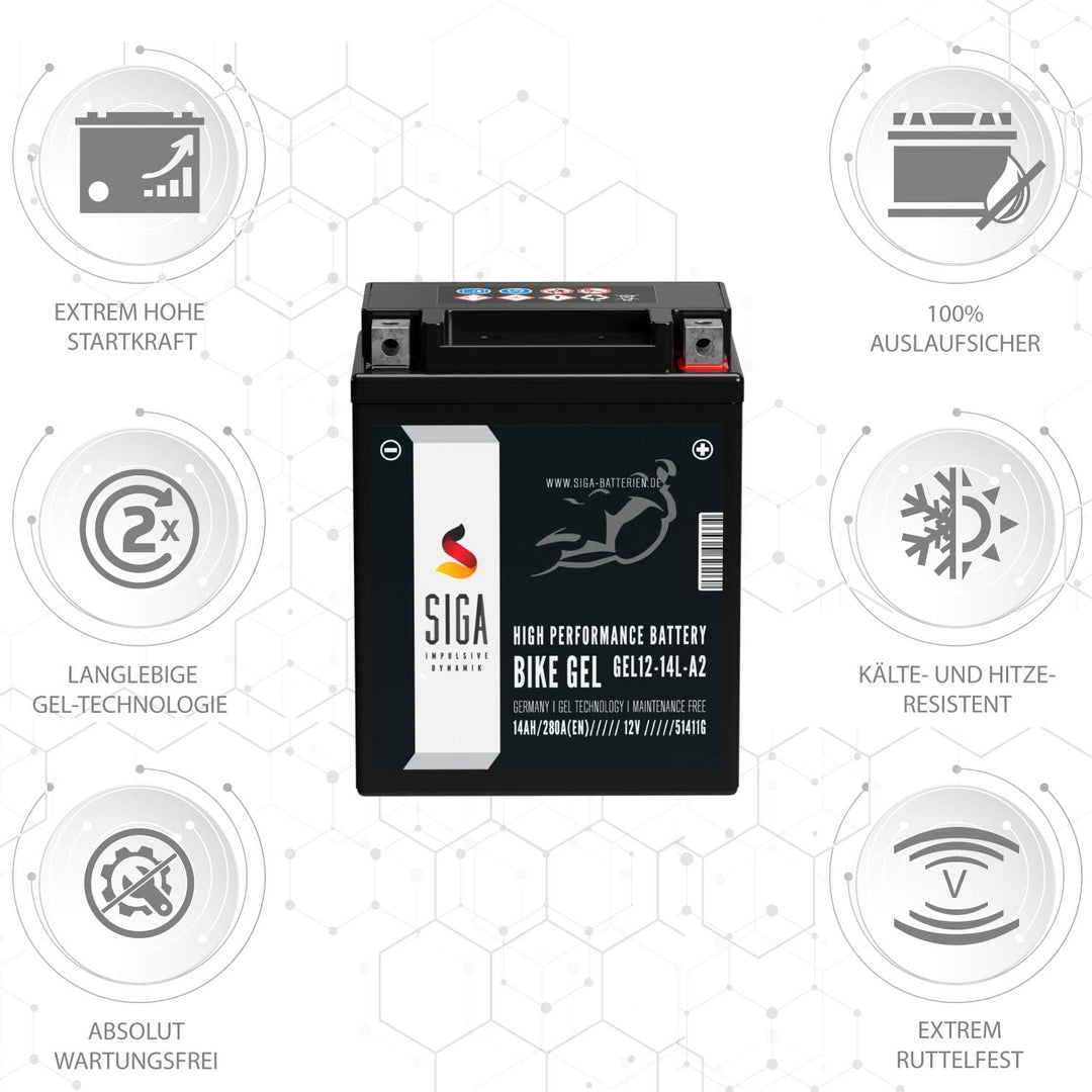 SIGA GEL Motorradbatterie 12V 14Ah 270A/EN GEL Batterie YB14L-A2 GEL12-14L-A2 CB14L-A2 12N14-3A 5141