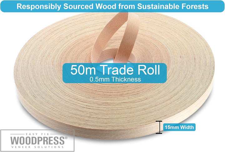 WoodPress® 15 mm Echtbuche Vorverleimtes Furnier Kantenband - 50 m Handelsrolle - Aufbügelholz Width