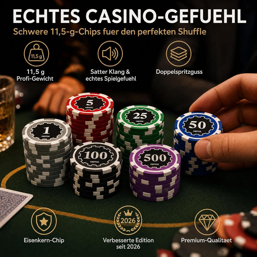 Poker-Chip-Set mit Nennwerten, 300 Stück, 11,5 g, professionelle nummerierte Chips mit Aluminiumkoff