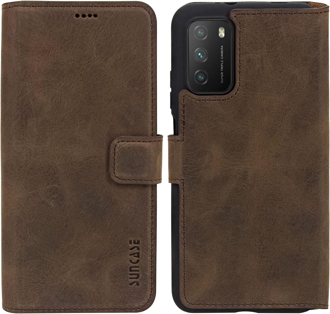 Suncase Book-Style Hülle kompatibel mit Xiaomi Poco M3 Leder Tasche (Slim-Fit) Lederhülle Handytasch