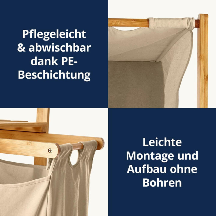 Lumaland Wäschekorb Bambus mit ausziehbarem Wäschesack | Pflegeleichtes Material, unempfindlich gege