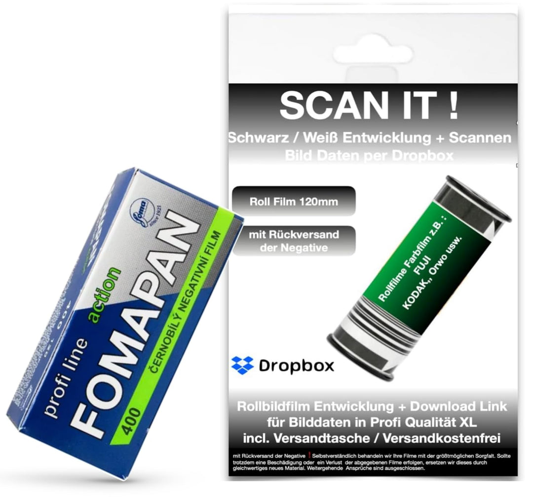 400 ASA B+W Rollfilm 120mm + Filmentwicklung + Scann mit Rückversand der Negative