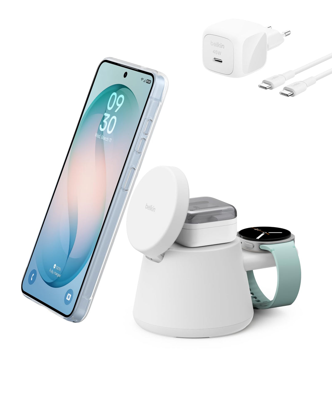 Belkin UltraCharge 3-in-1 Induktive Ladestation mit Qi2, 25W – Weiss | Qi2.2-zertifiziert, Kabellose