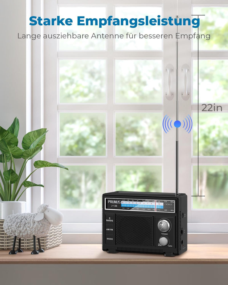 PRUNUS J-136 AM FM UKW Radio Klein, Tragbares Radio Batteriebetrieben oder AC-Strom, Kofferradio mit
