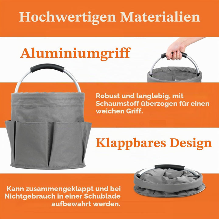 2 Stück Einkaufskorb Faltbar mit Griff und 6 Taschen, 17L Tragbarer Putzmittel Organizer, Gartentasc