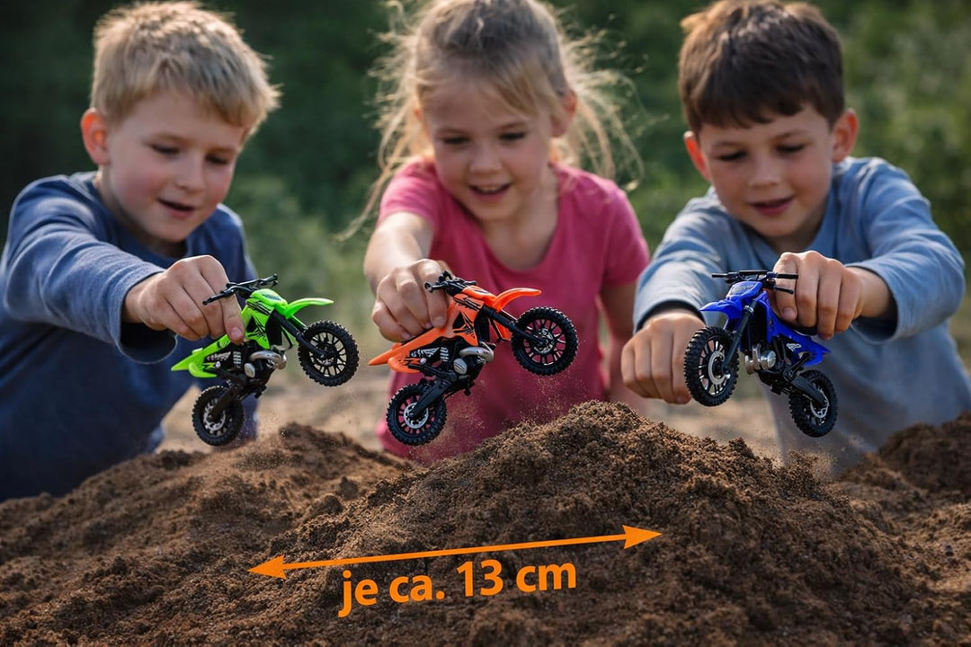 3er Set Cross Motorrad Spielzeug – Motocross Bikes für Kinder – je ca. 13 cm – Geschenk Set Jungen –