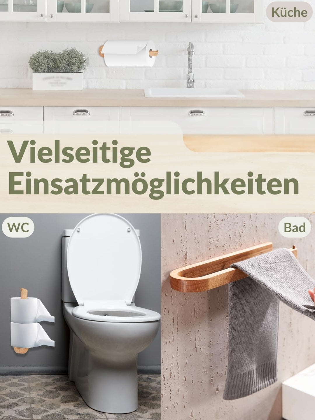 DEKAZIA® Handtuchhalter Holz Wand | Handtuchhalter ohne Bohren Holz | Handtuchstange aus nachhaltige