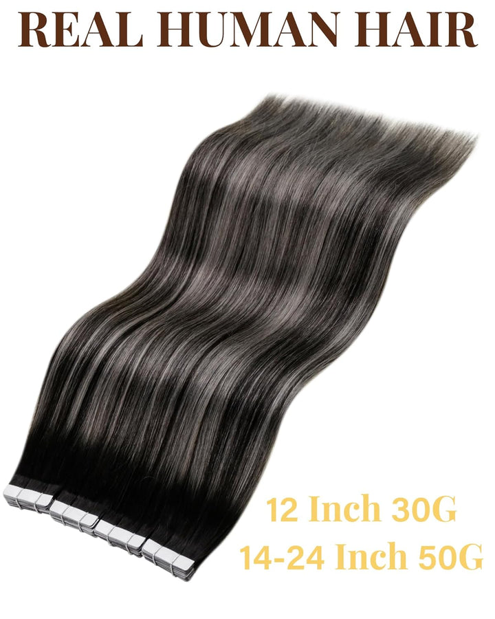 Hetto Tape In Extensions Echthaar Schwarz & Silber Balayage 50cm 20Stück 50g - Luxuriöse Balayage Ex
